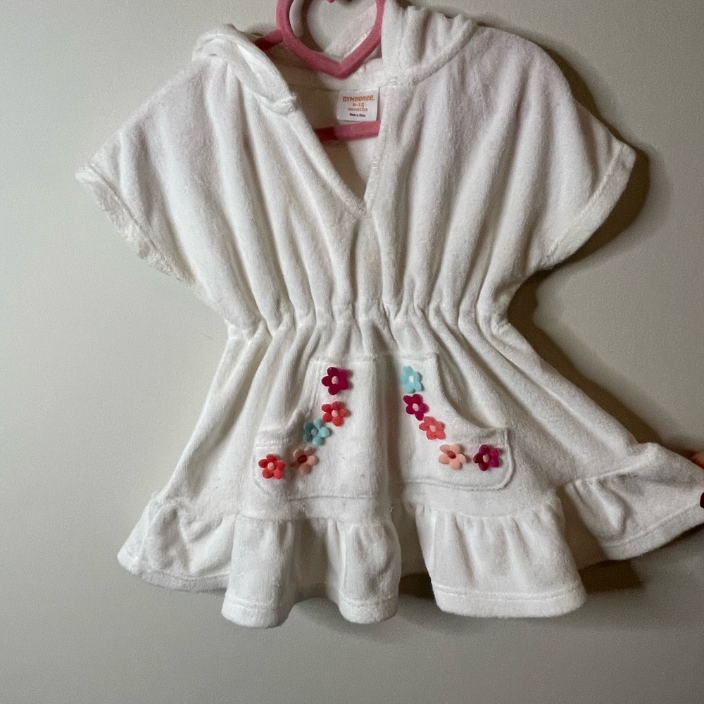 2 For $10 White Hooded Terry Cloth Cover-Up with Floral Accents6-12M